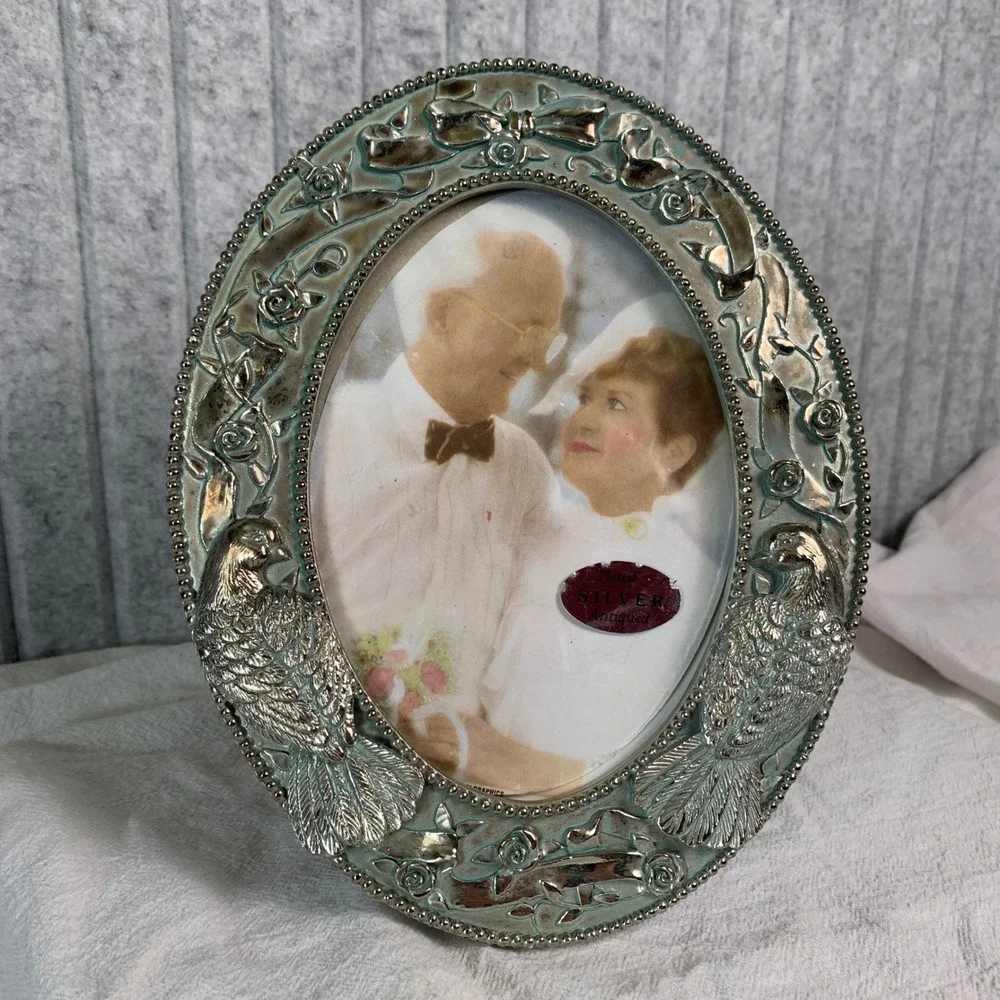 Vintage Figi Graphics 1990 Antiqued Silver Plated Oval Bird Rose Frame RR-63S